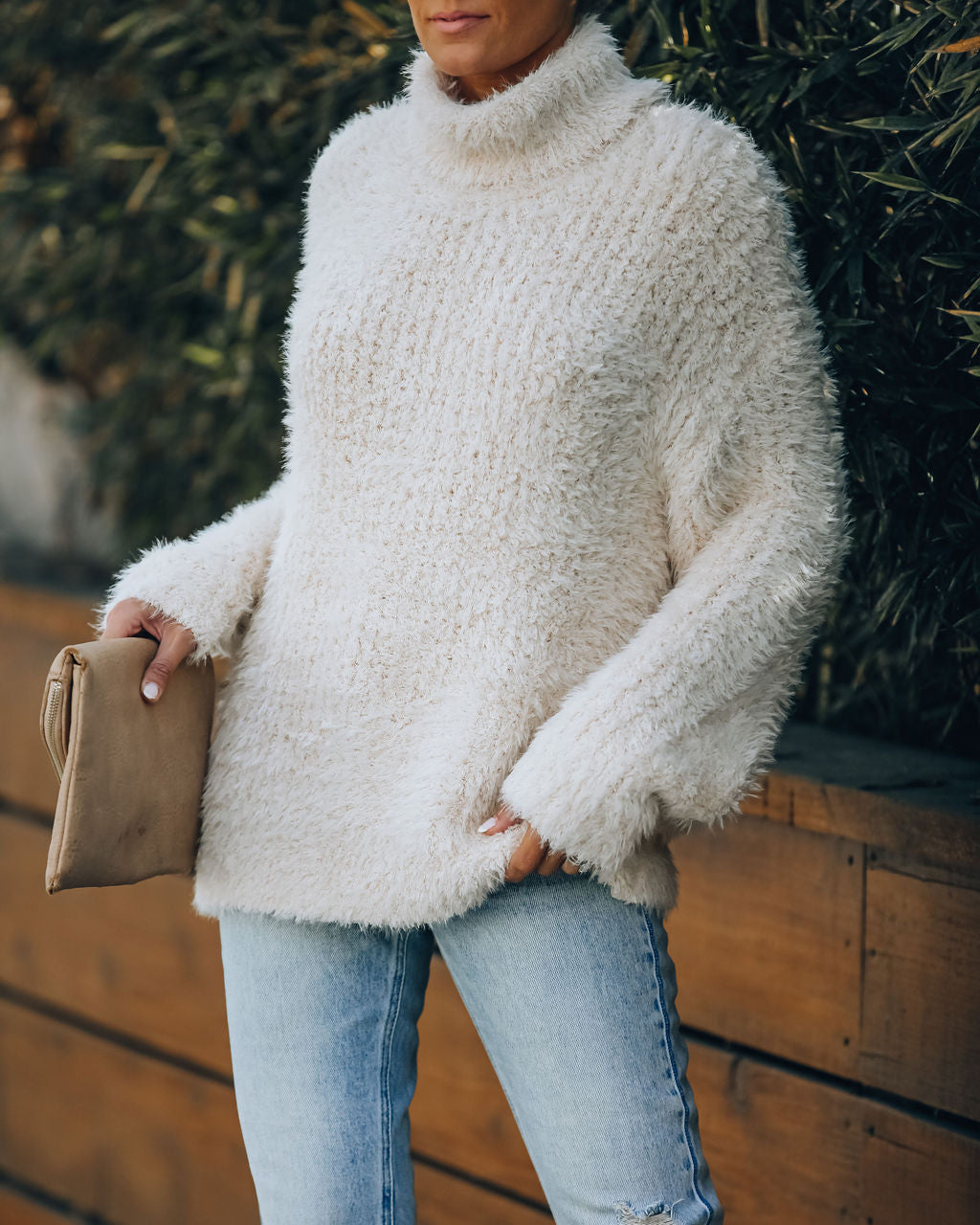 Above All Fuzzy Turtleneck Knit Sweater - Cream FLAT-001