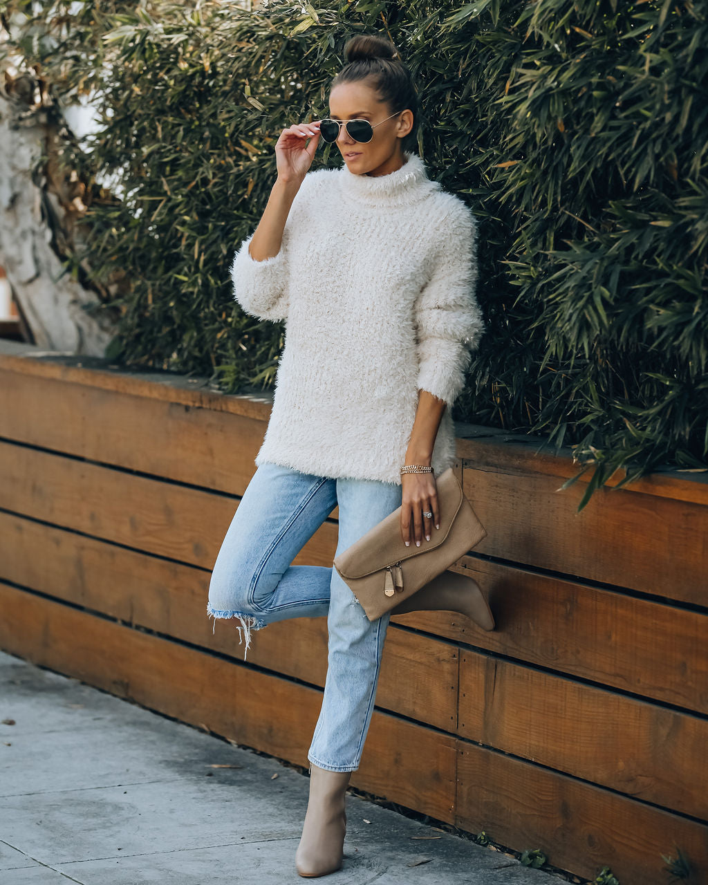 Above All Fuzzy Turtleneck Knit Sweater - Cream FLAT-001