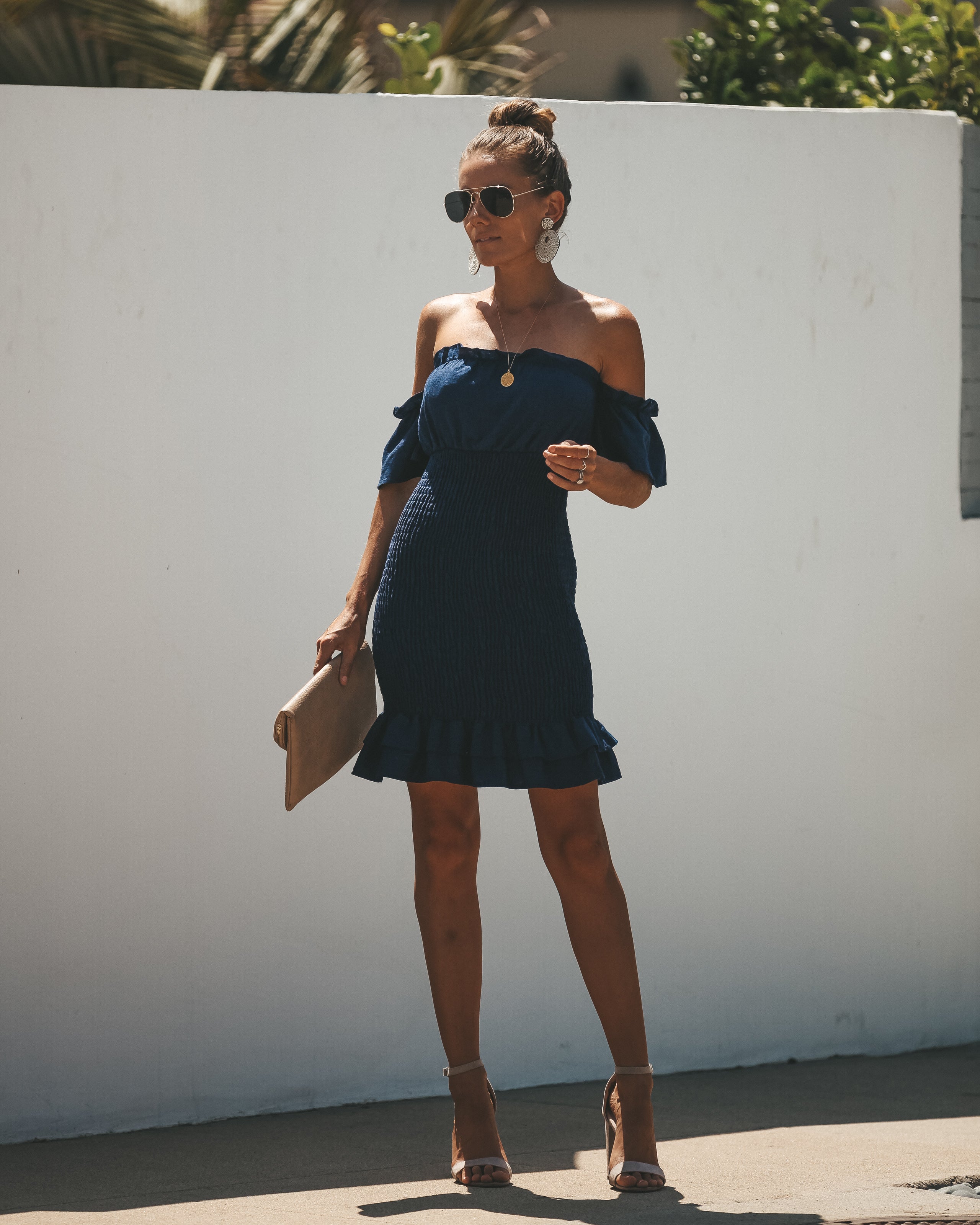 Bellini Smocked Off The Shoulder Dress - Navy InsStreet