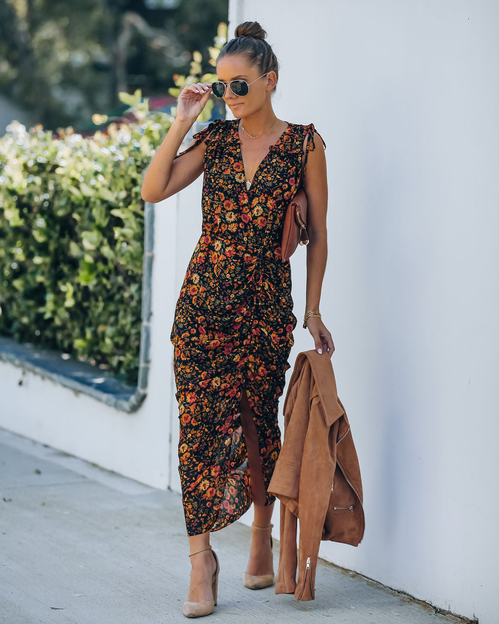 Born To Run Floral Ruched Midi Dress InsStreet