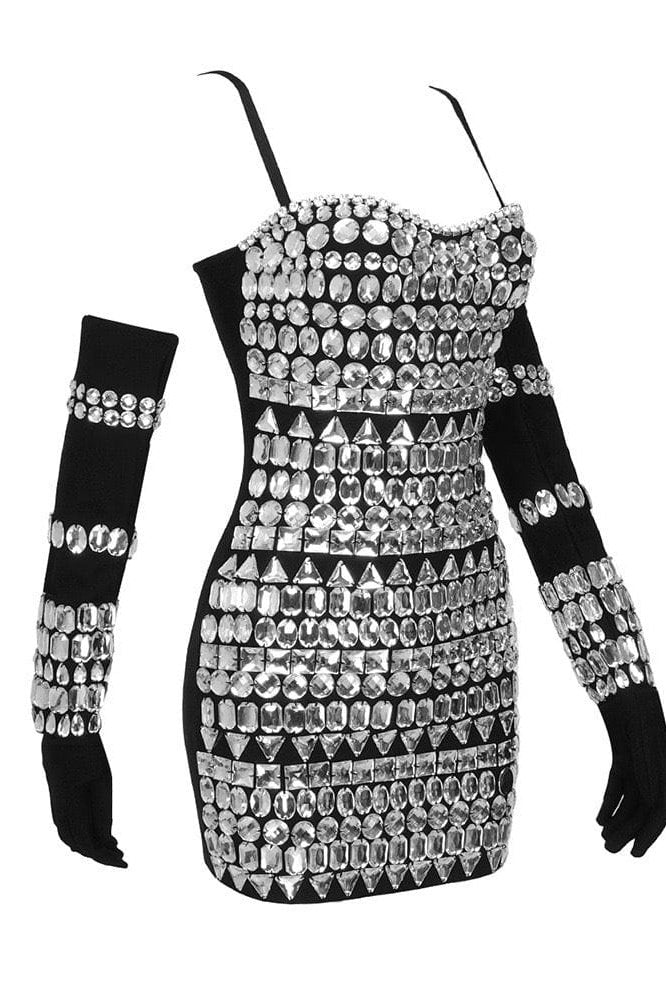 Natuzzi Crystal Diamonds Black Mini Dress with Hand Gloves Set Ins Street