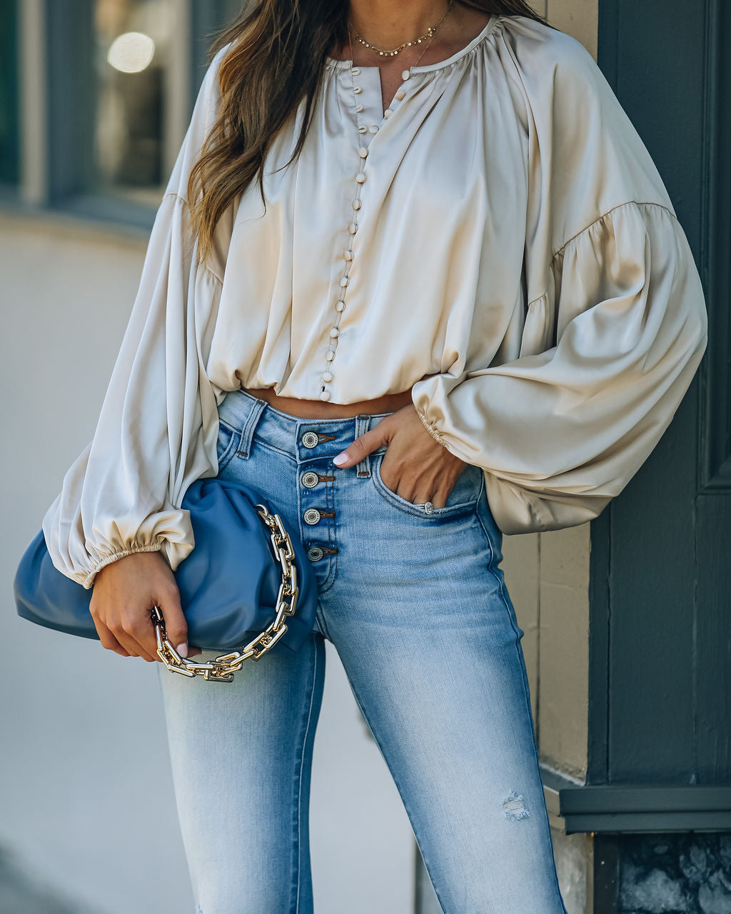 Libby Satin Billowed Crop Blouse - Champagne Ins Street
