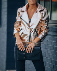 Kenley Pocketed Metallic Faux Leather Moto Jacket Ins Street