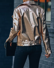 Kenley Pocketed Metallic Faux Leather Moto Jacket Ins Street