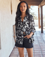 Indie Printed Satin Button Down Blouse - Black Ins Street