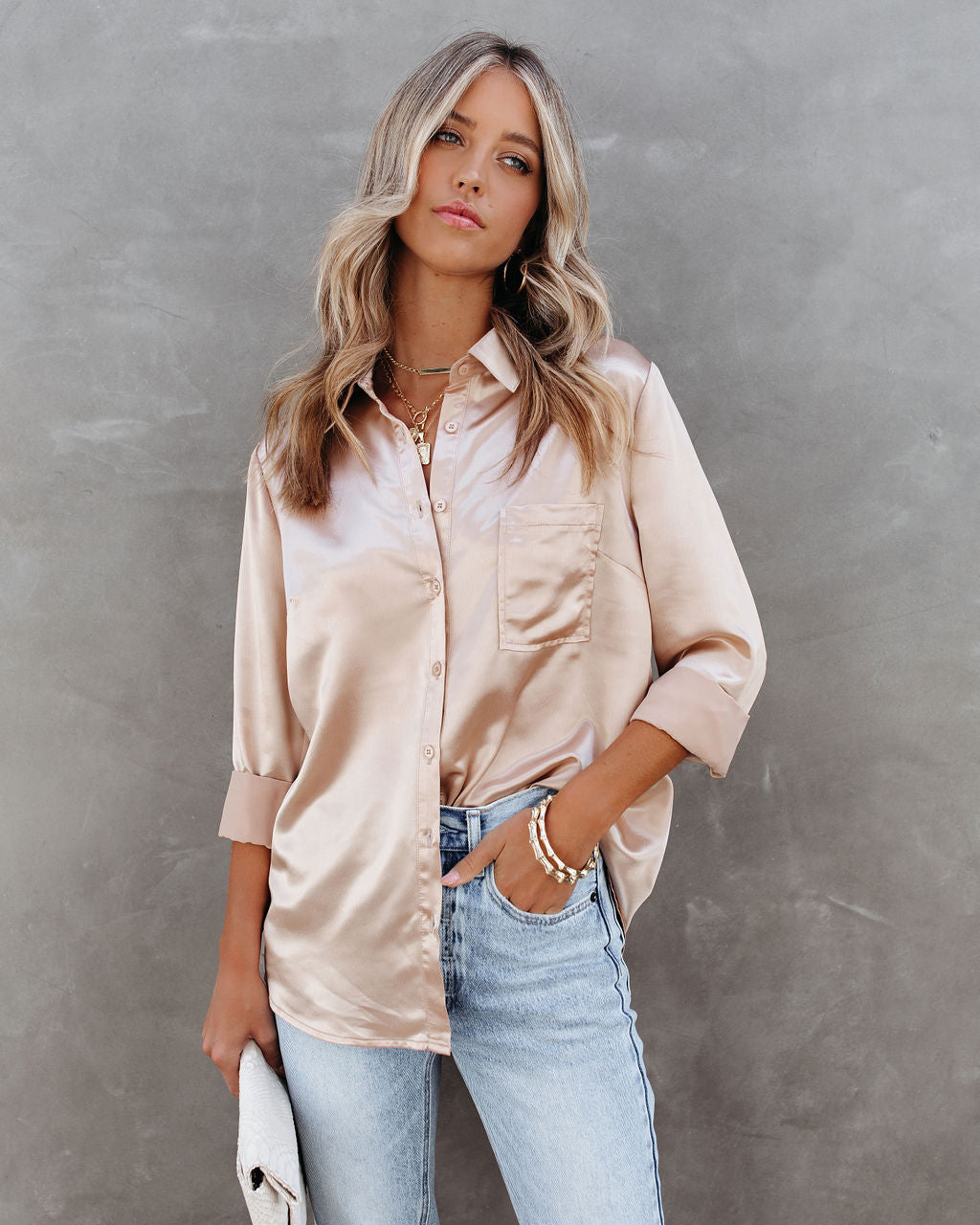 Impulse Satin Button Down Blouse - Champagne Ins Street