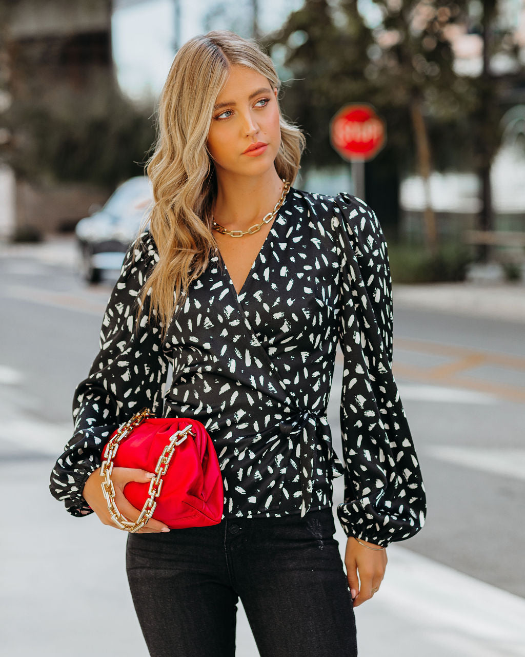 In Awe Satin Printed Wrap Blouse - Black - FINAL SALE Ins Street