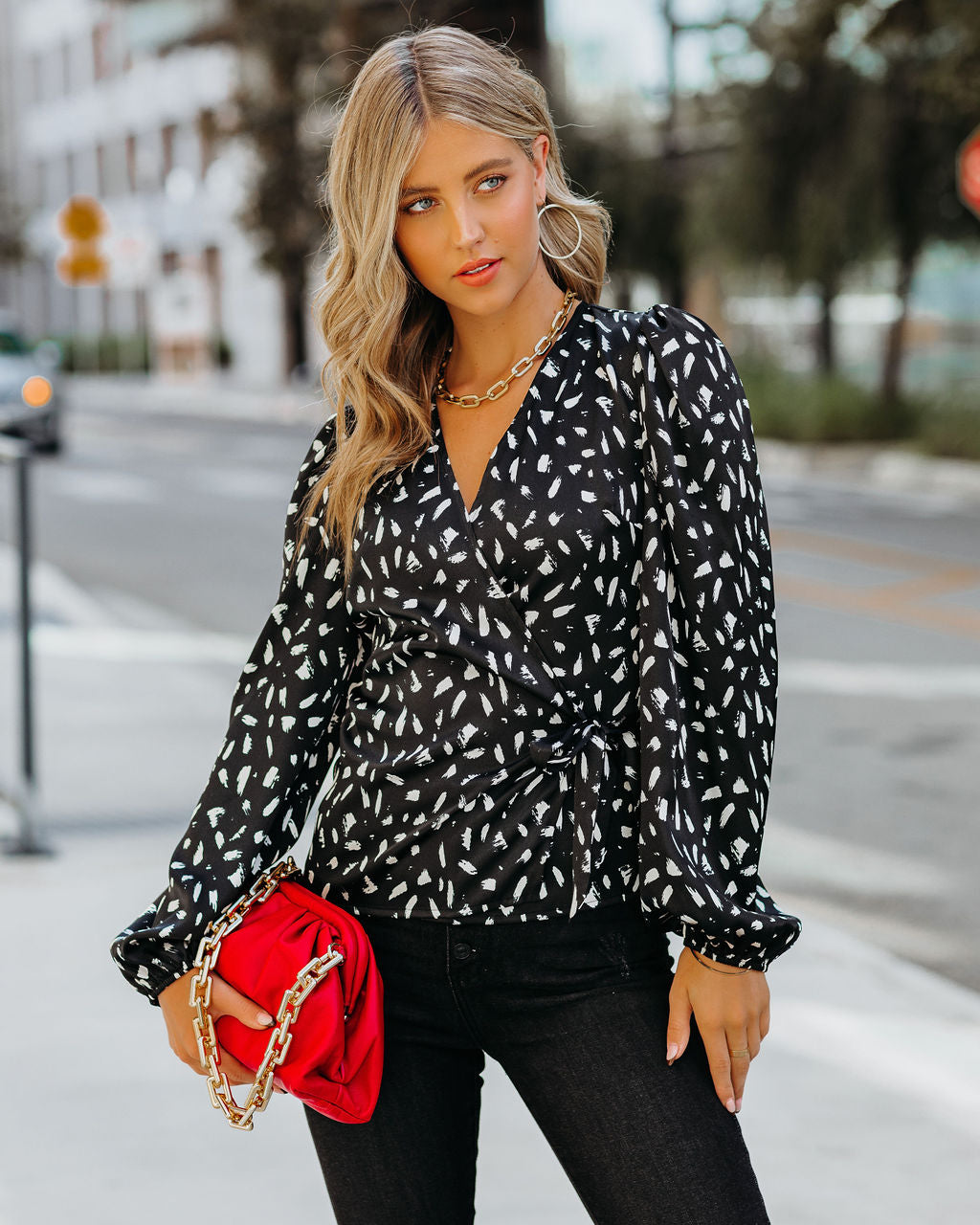 In Awe Satin Printed Wrap Blouse - Black - FINAL SALE Ins Street