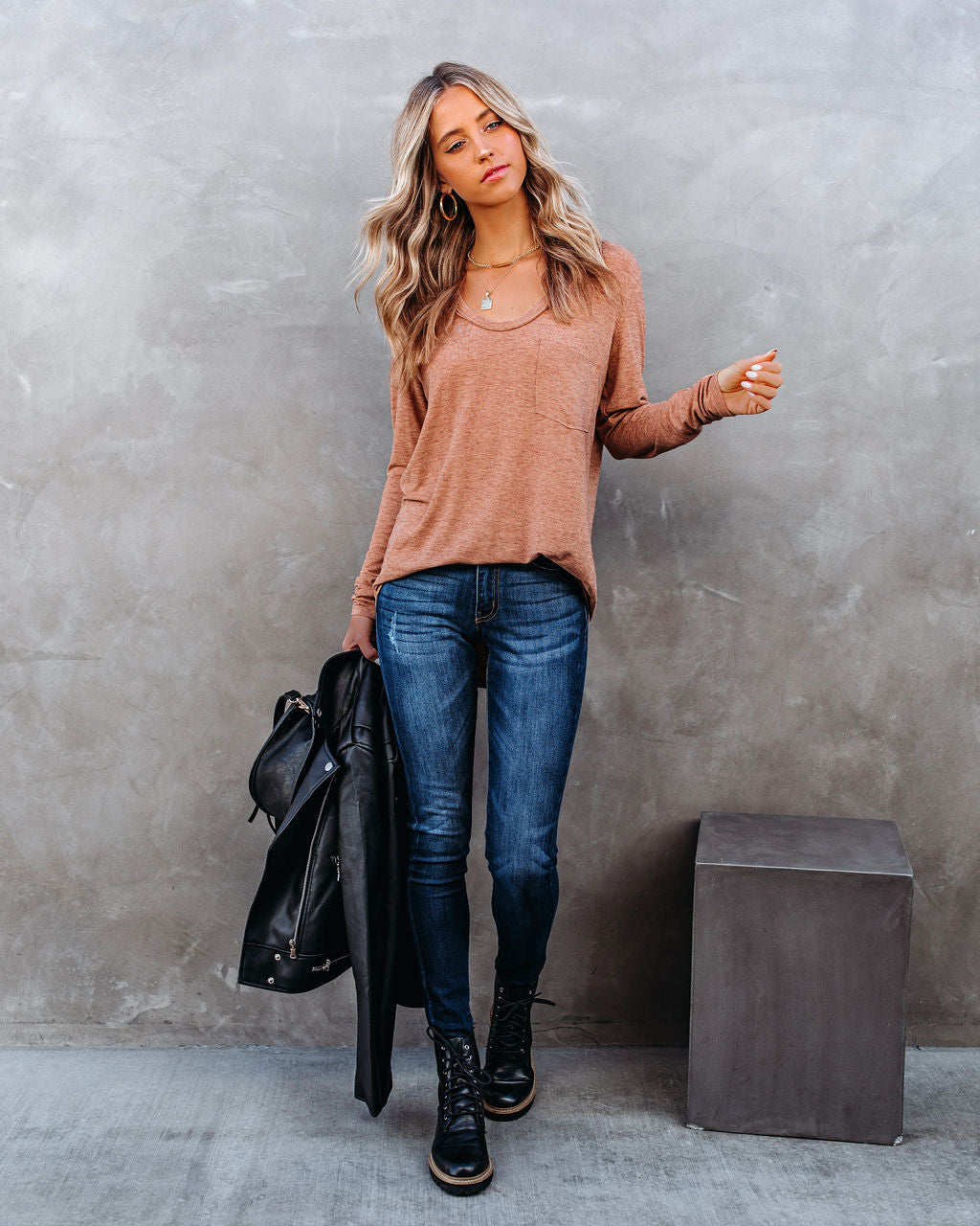 Infinity Cotton Blend Long Sleeve Pocket Top - Mocha Ins Street