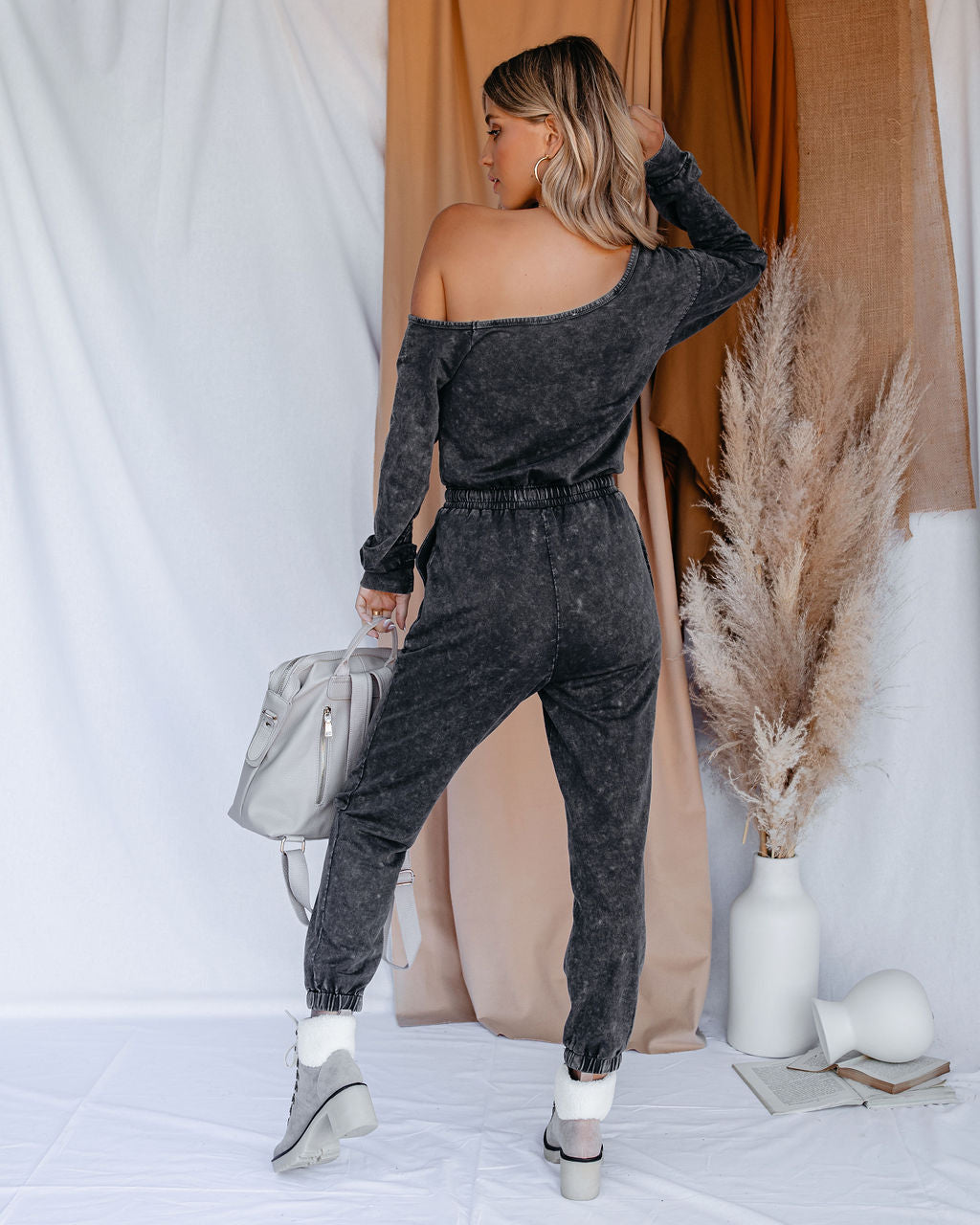 Involved Pocketed Off The Shoulder Knit Jumpsuit - Charcoal Ins Street