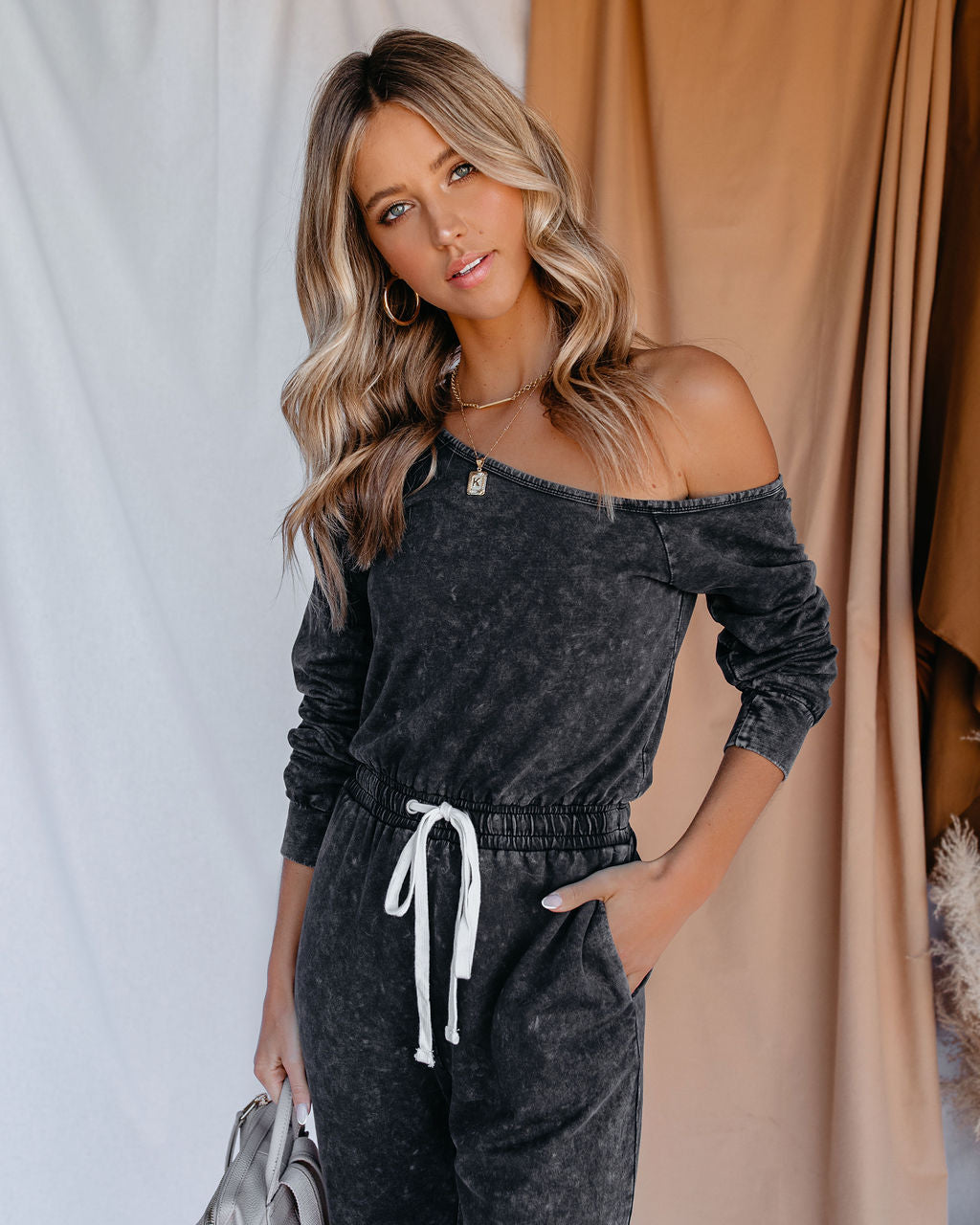 Involved Pocketed Off The Shoulder Knit Jumpsuit - Charcoal Ins Street