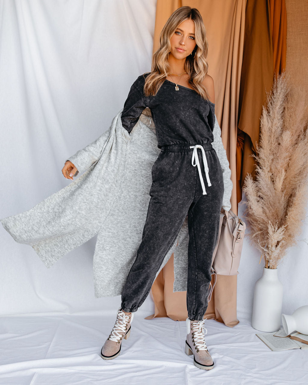 Involved Pocketed Off The Shoulder Knit Jumpsuit - Charcoal Ins Street
