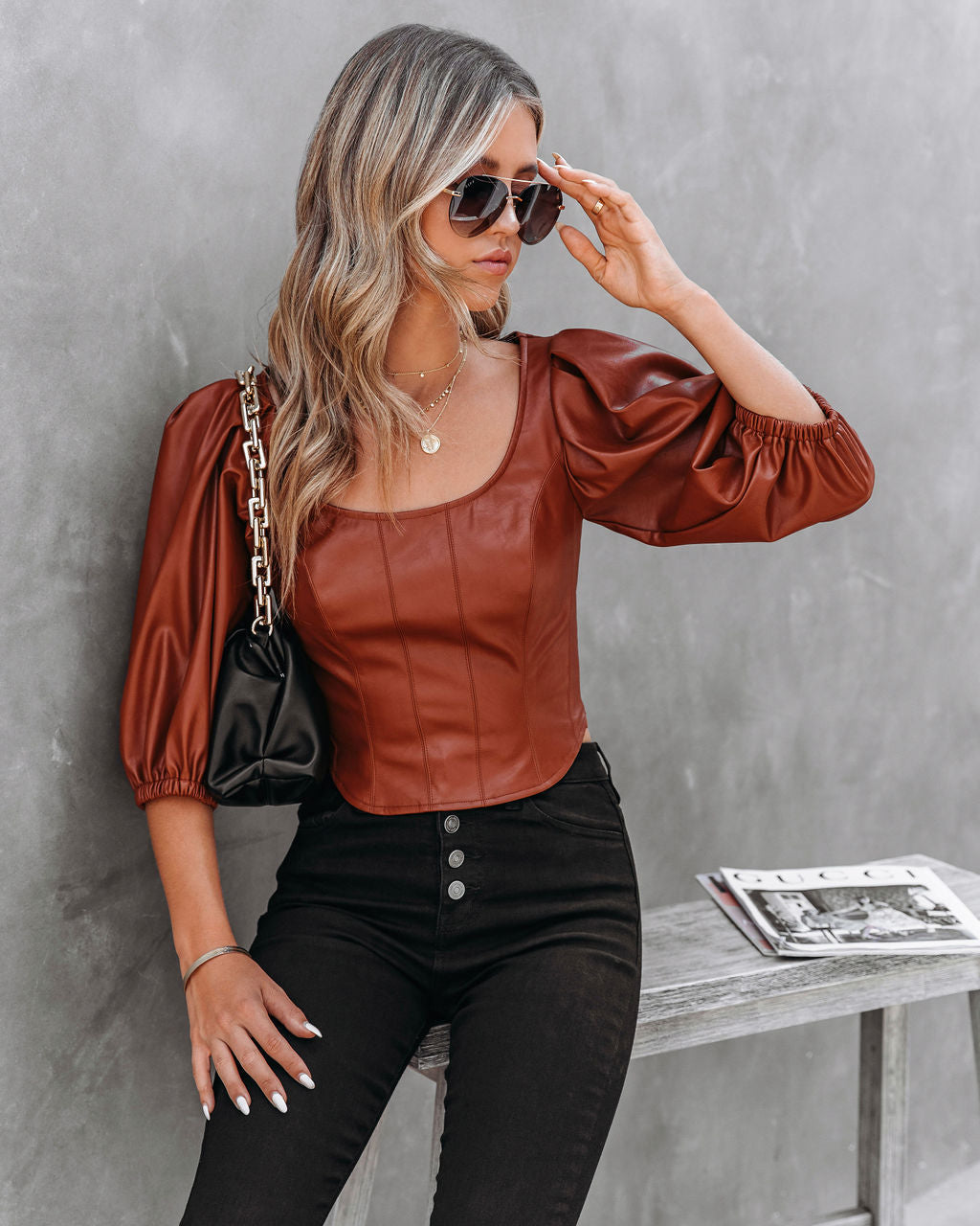 Jacklyn Faux Leather Puff Sleeve Crop Top - FINAL SALE Ins Street