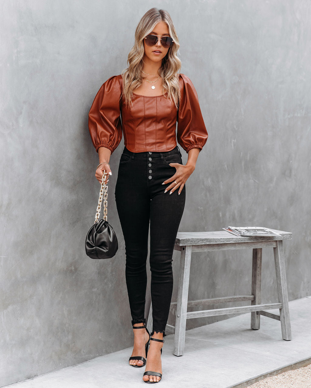 Jacklyn Faux Leather Puff Sleeve Crop Top - FINAL SALE Ins Street