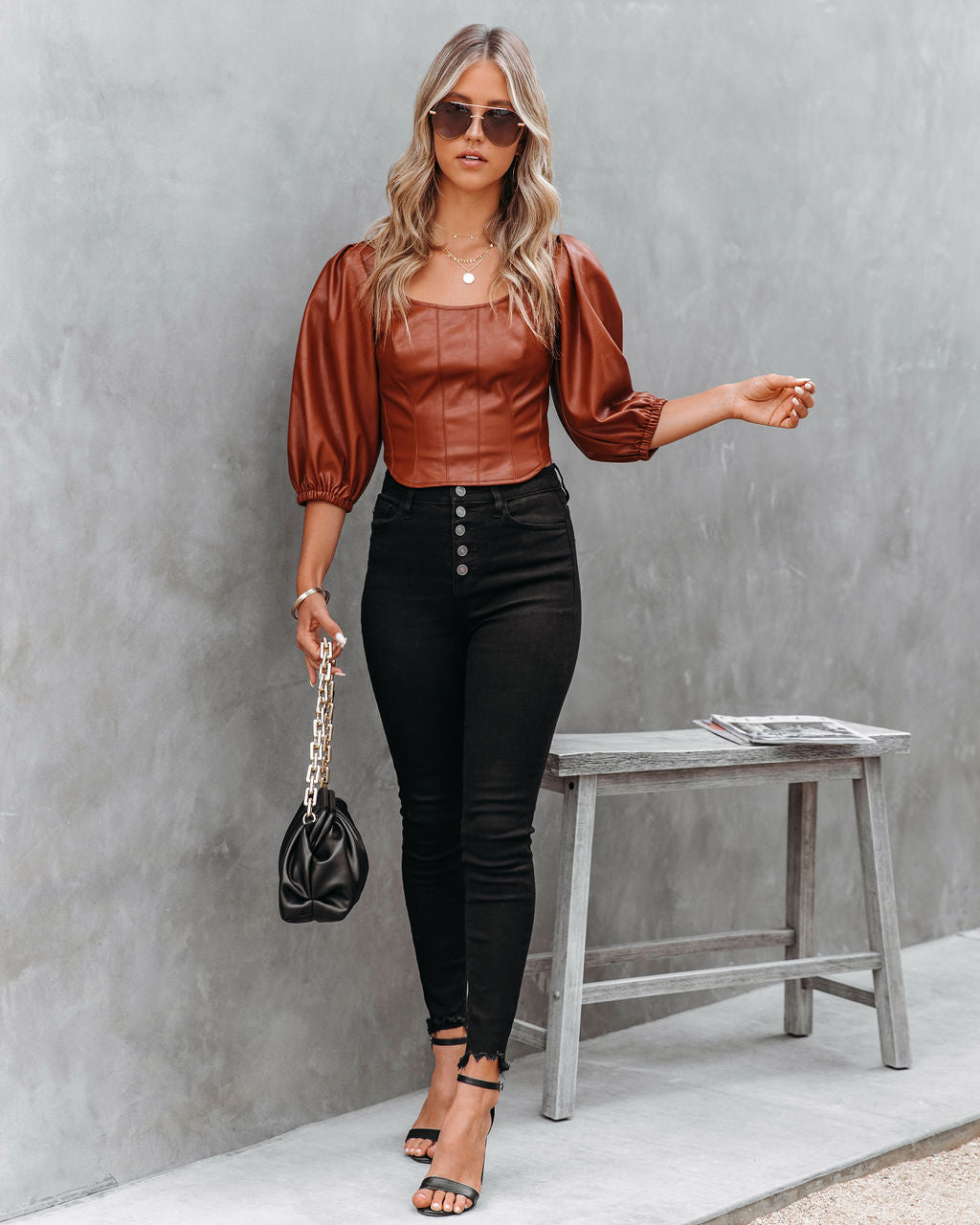 Jacklyn Faux Leather Puff Sleeve Crop Top - FINAL SALE Ins Street