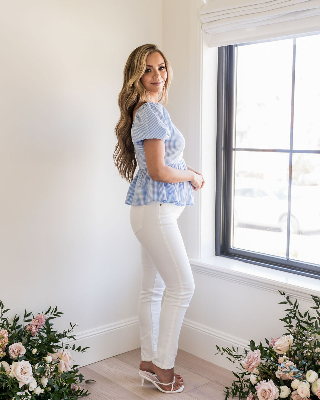 Jenissa Cotton Gingham Puff Sleeve Peplum Top - Powder Blue - FINAL SALE Ins Street