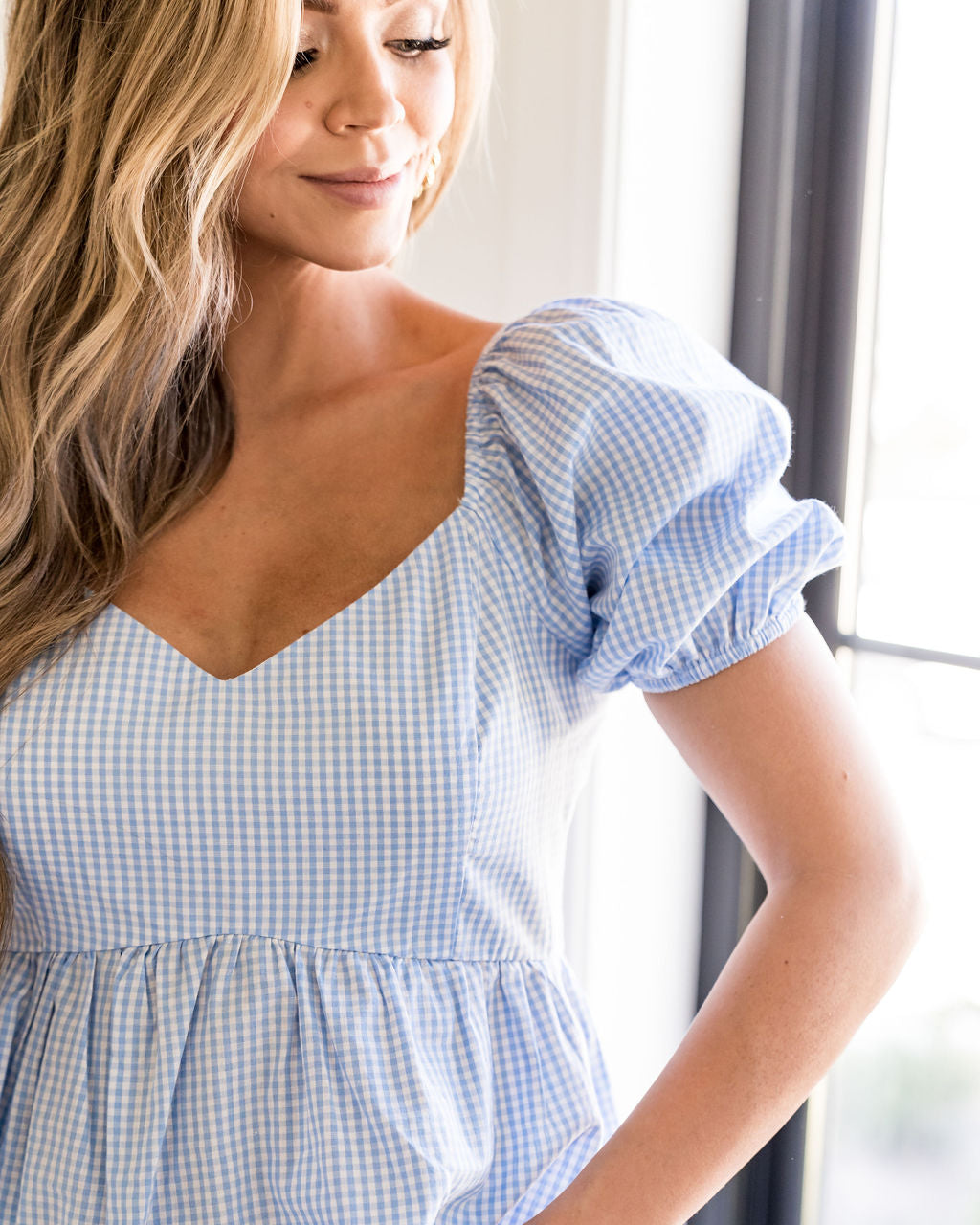 Jenissa Cotton Gingham Puff Sleeve Peplum Top - Powder Blue - FINAL SALE Ins Street