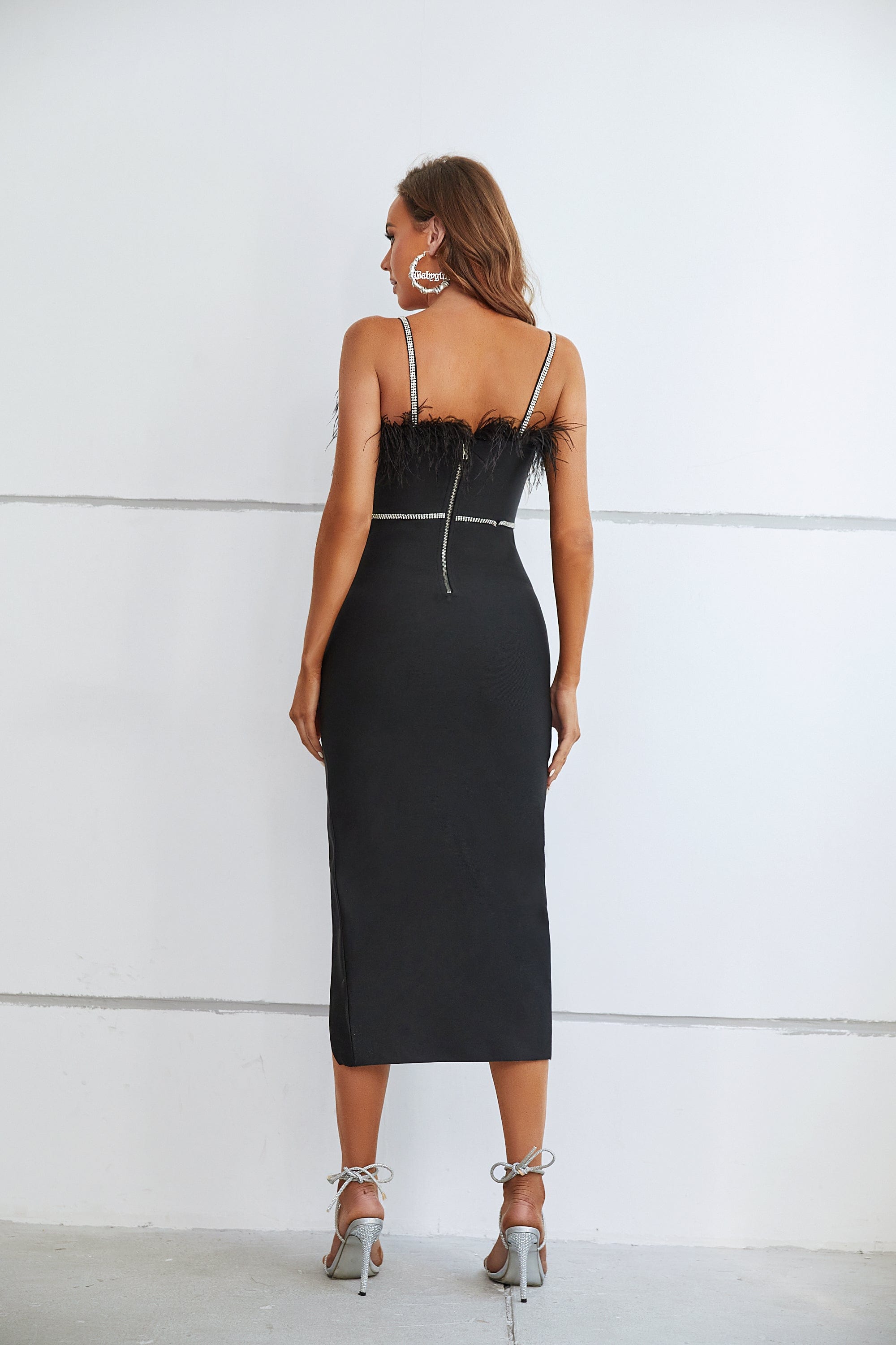 Amoura Slit Feather Midi Bandage Dress - Black Ins Street