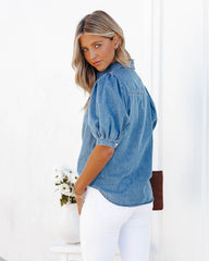 Jen Puff Sleeve Denim Button Down Top - Medium Indigo Ins Street