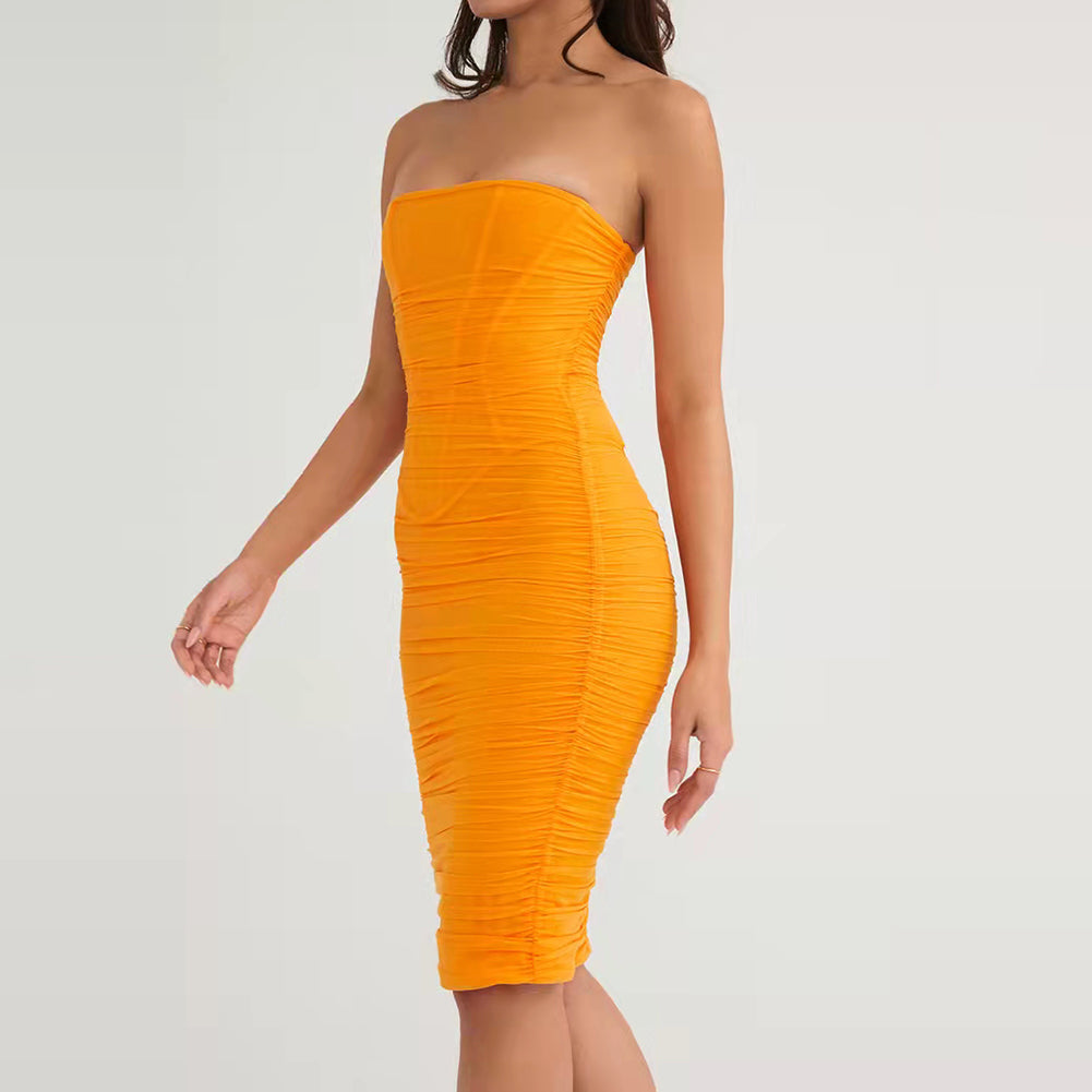 Strapless Sleeveless Midi Wrinkled Bodycon Dress Ins Street