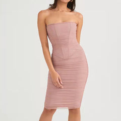 Strapless Sleeveless Midi Wrinkled Bodycon Dress Ins Street