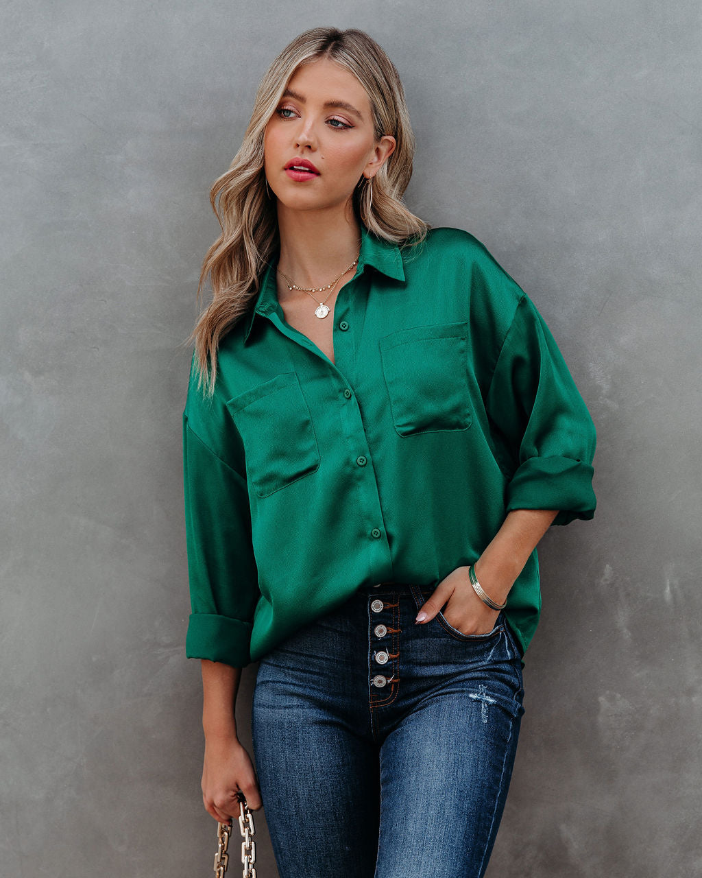 Kelsa Satin Button Down Pocket Blouse - FINAL SALE Ins Street