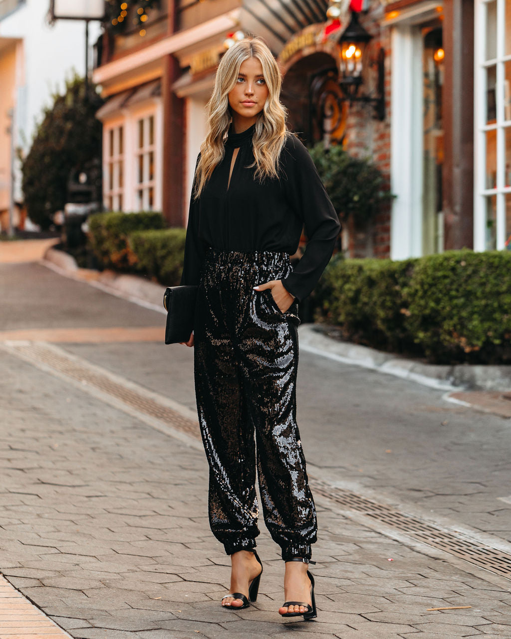 Kimmy Pocketed Sequin Joggers - Black Ins Street