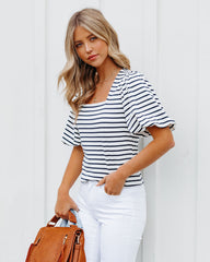 Kipton Cotton Blend Striped Puff Sleeve Top - Navy Ins Street