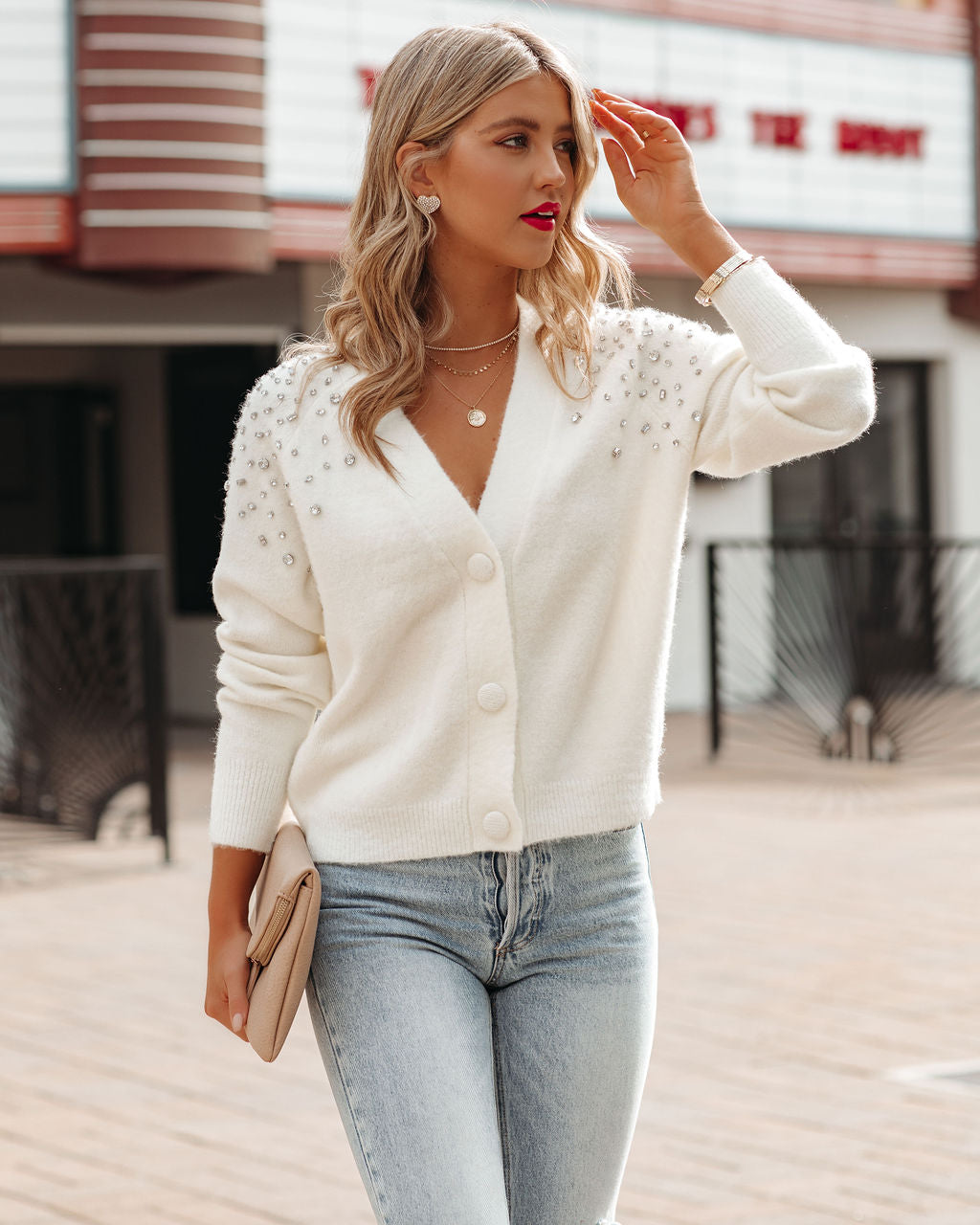 Korbyn Embellished Knit Cardigan - Cream Ins Street