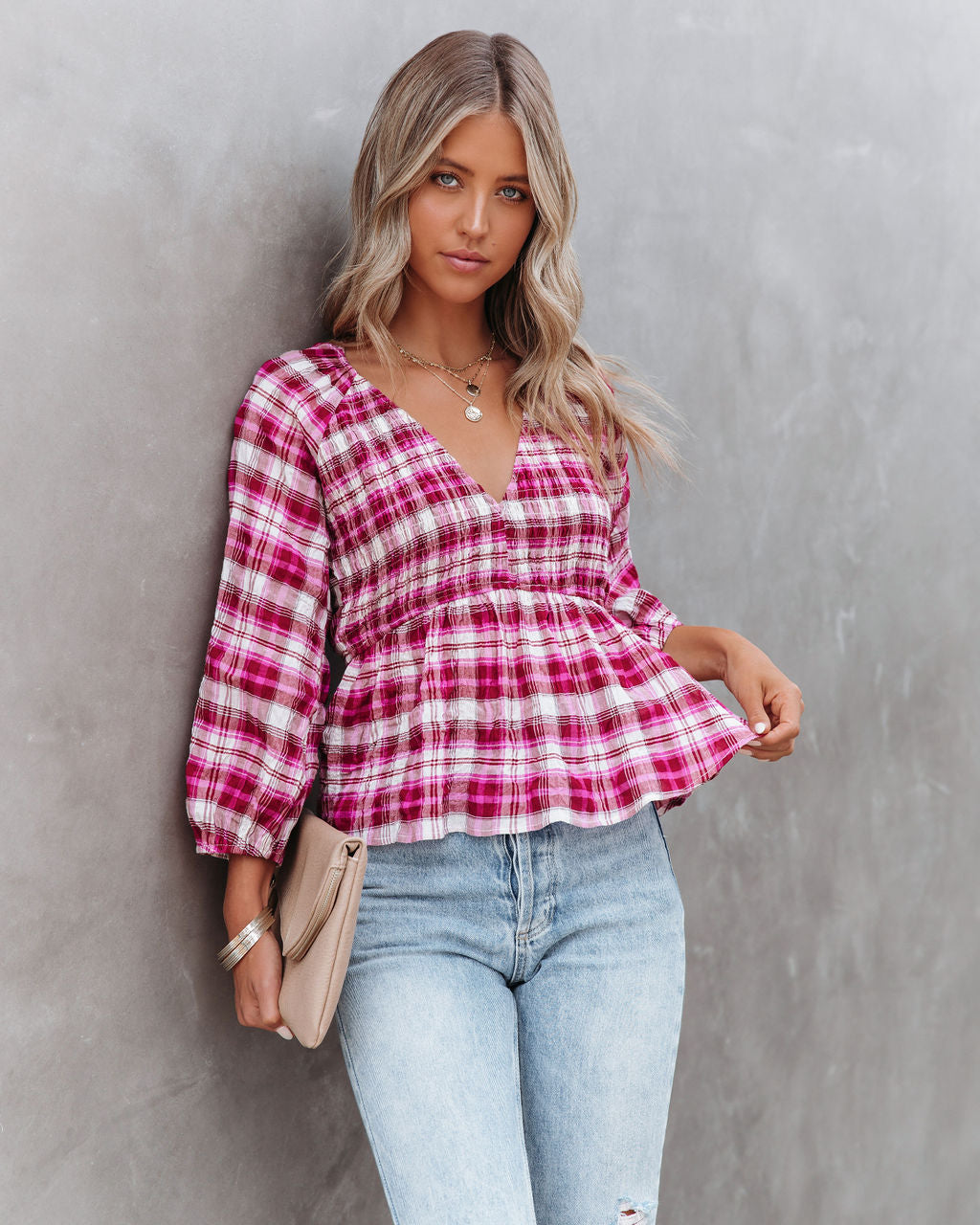 Lylah Cotton Crinkled Plaid Smocked Top Ins Street