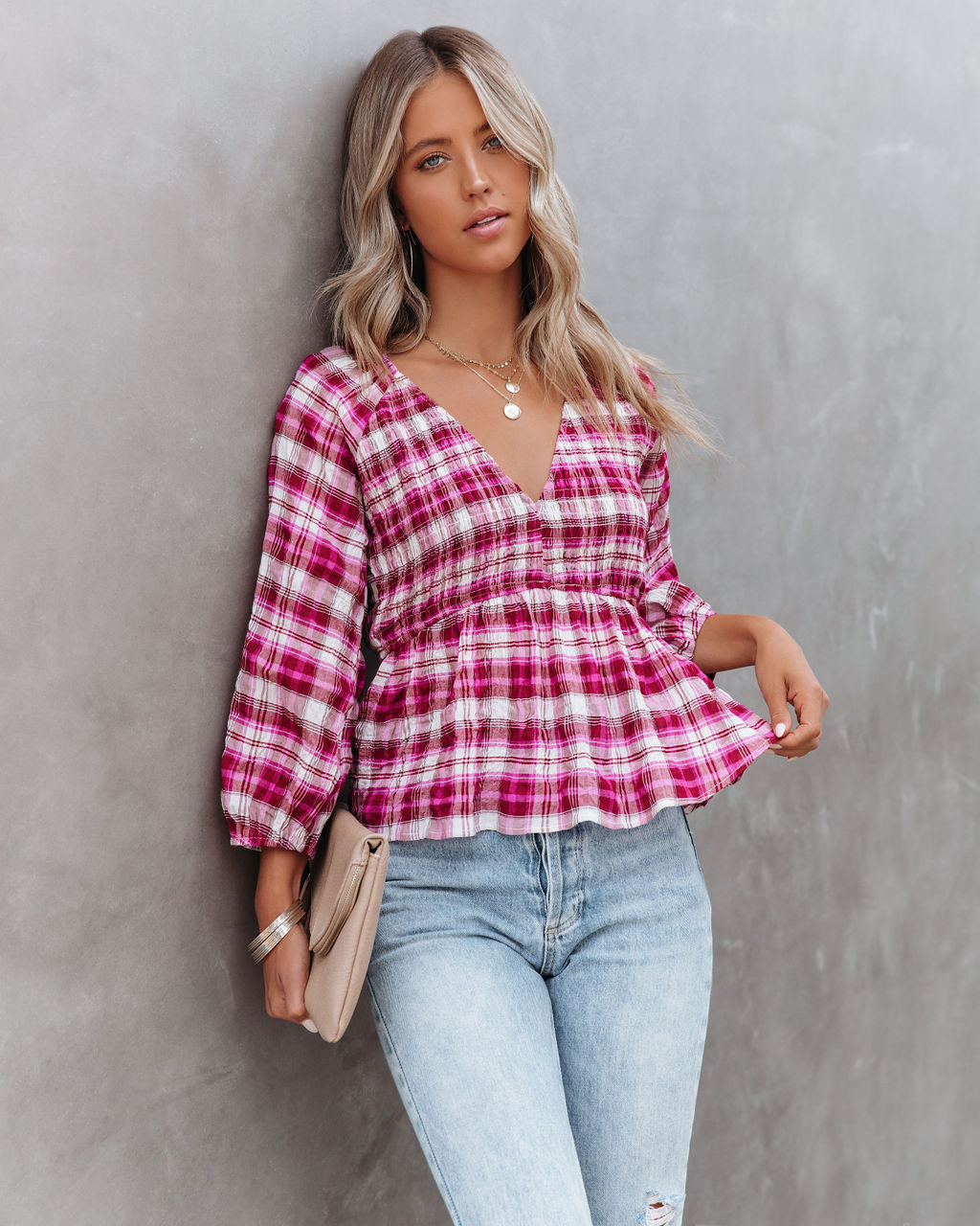 Lylah Cotton Crinkled Plaid Smocked Top Ins Street