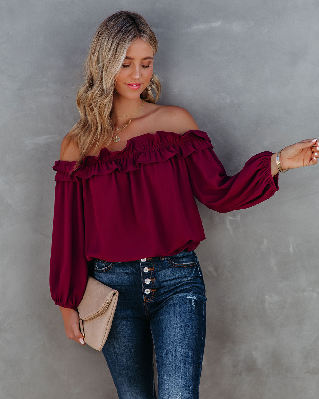 Lalette Off The Shoulder Ruffle Blouse - Wine Ins Street