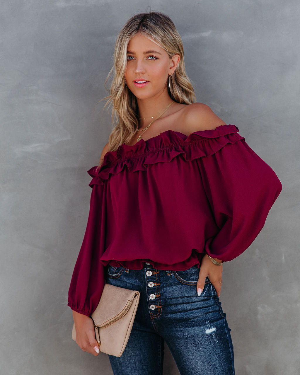 Lalette Off The Shoulder Ruffle Blouse - Wine Ins Street