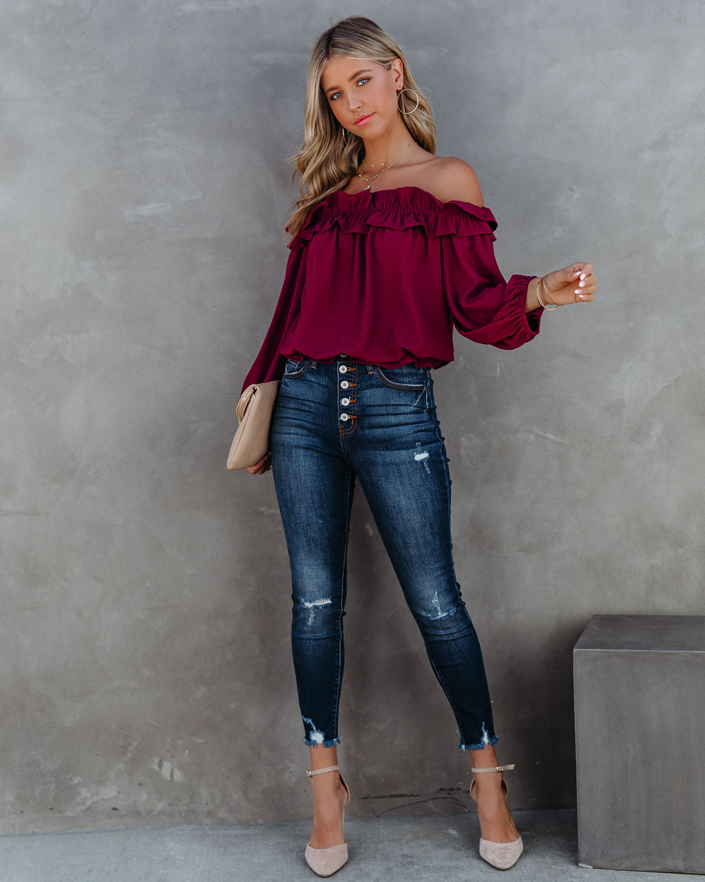 Lalette Off The Shoulder Ruffle Blouse - Wine Ins Street