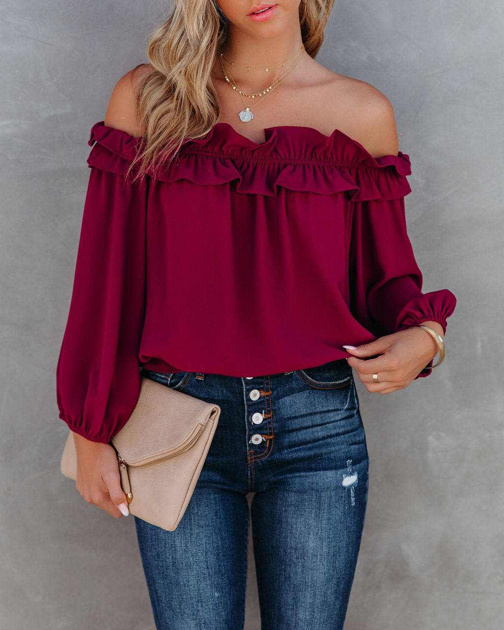 Lalette Off The Shoulder Ruffle Blouse - Wine Ins Street