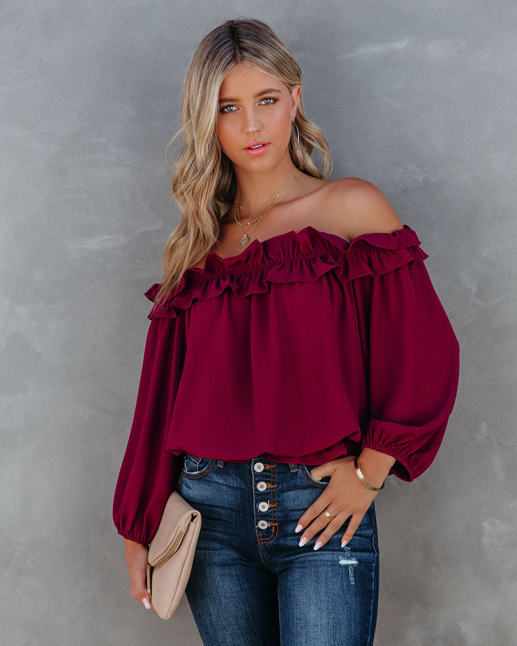 Lalette Off The Shoulder Ruffle Blouse - Wine Ins Street