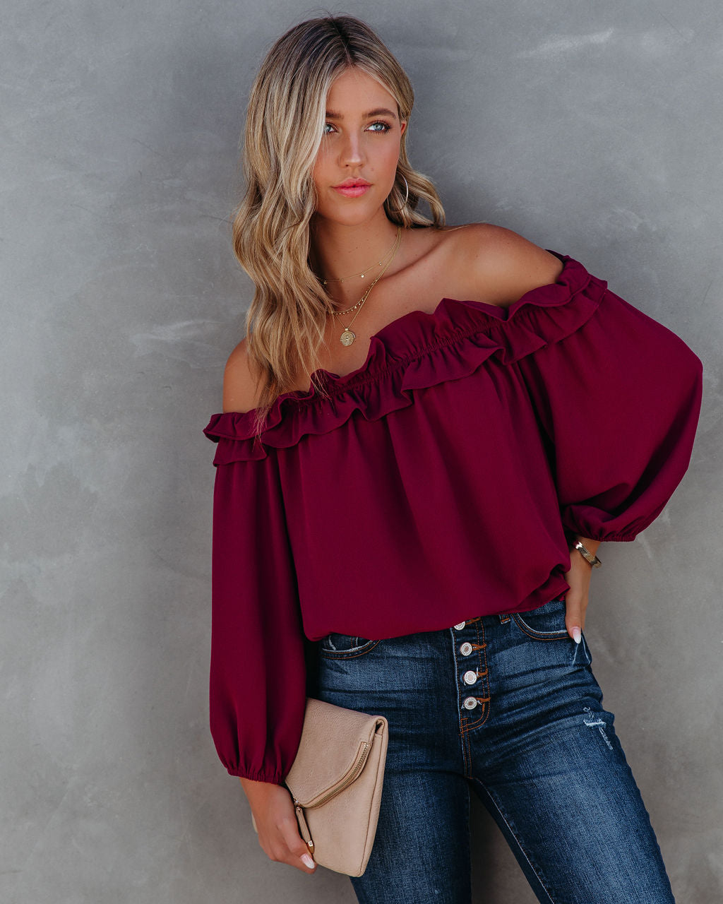 Lalette Off The Shoulder Ruffle Blouse - Wine Ins Street