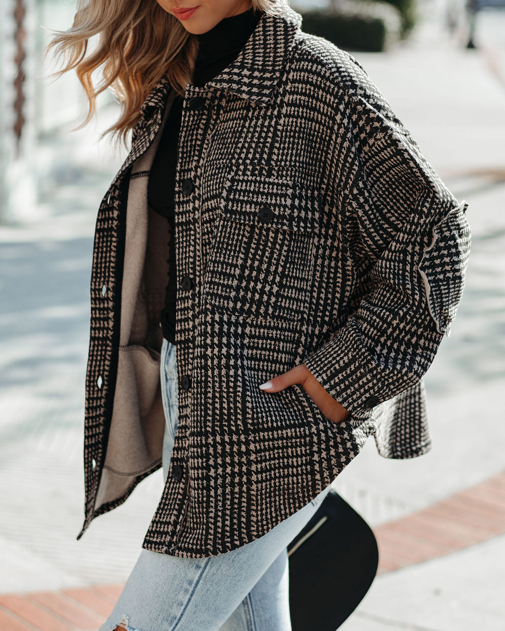 Lamont Pocketed Houndstooth Knit Shacket Ins Street