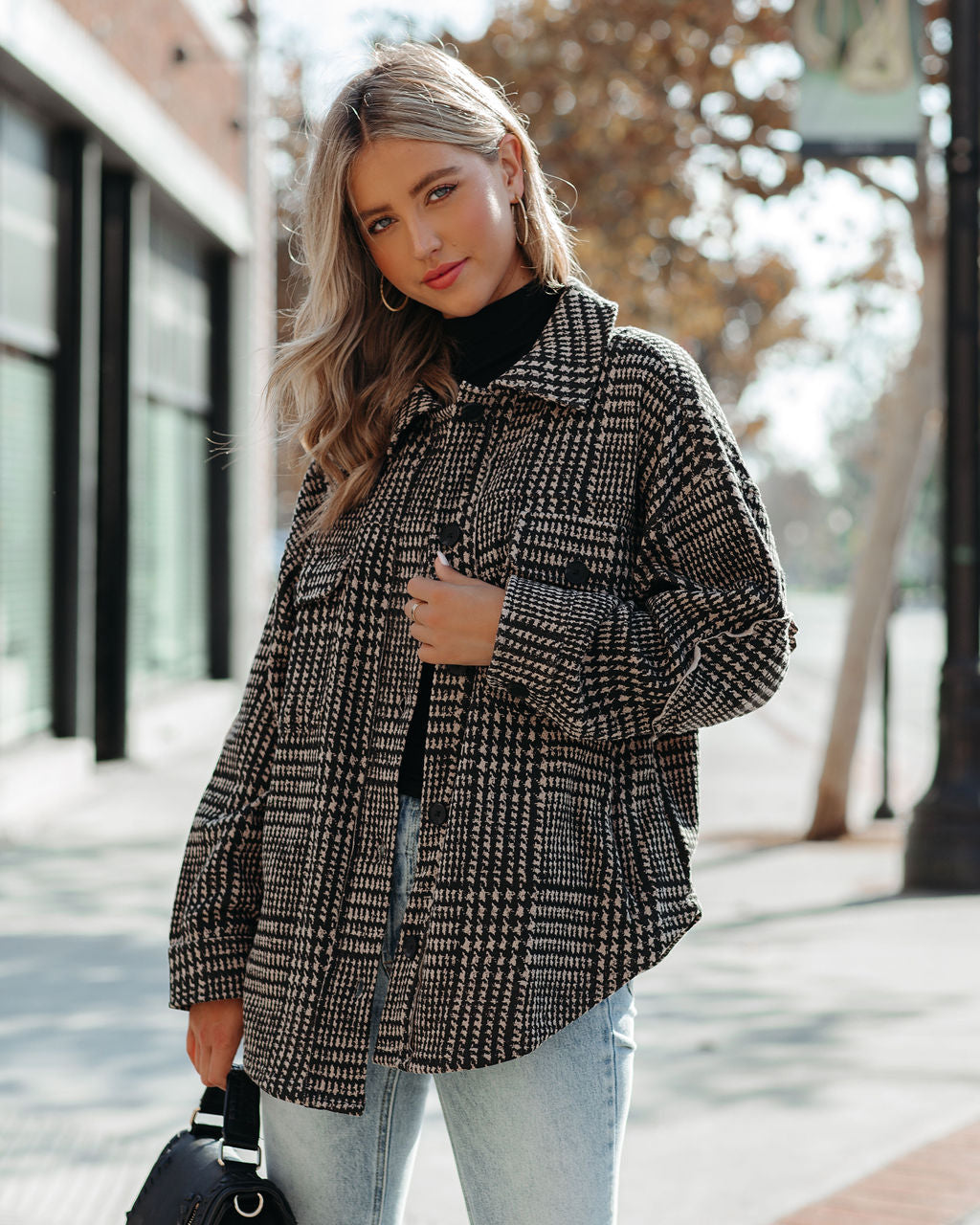 Lamont Pocketed Houndstooth Knit Shacket Ins Street