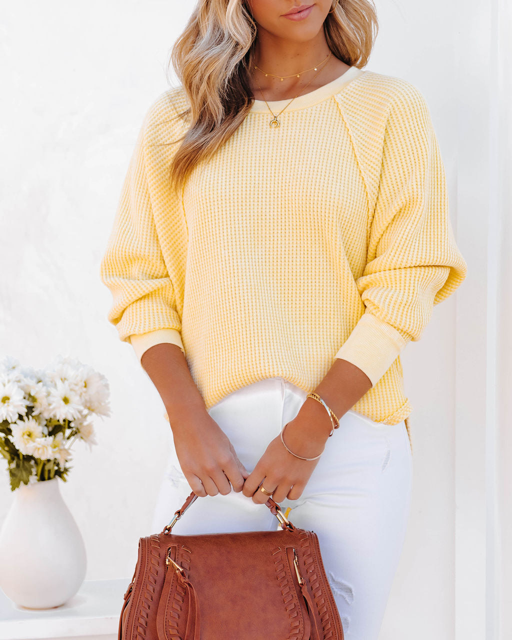 Lizabeth Cotton Thermal Knit Top - Yellow Ins Street