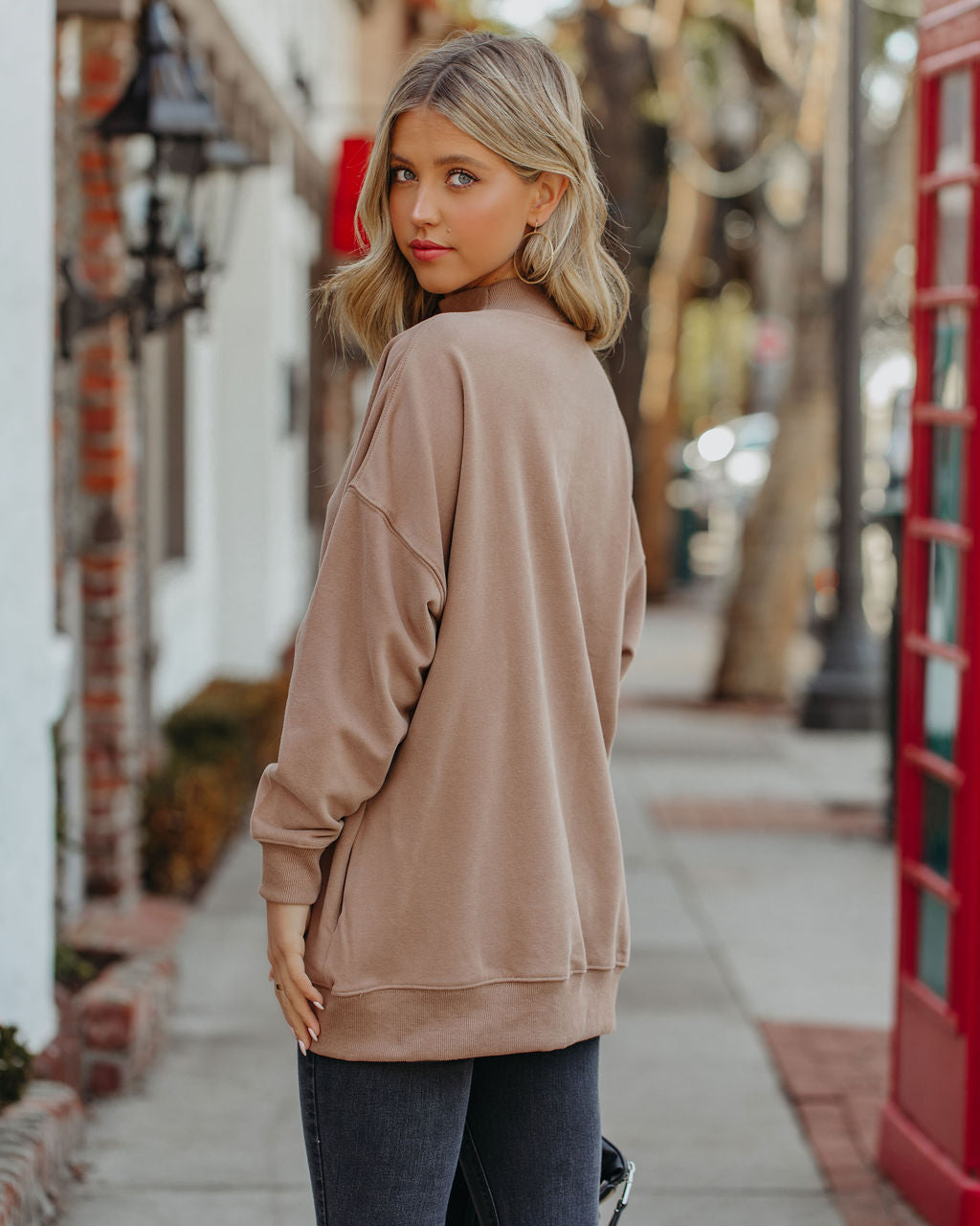 Lorina Cotton Pocketed Mock Neck Sweatshirt - Mocha Ins Street