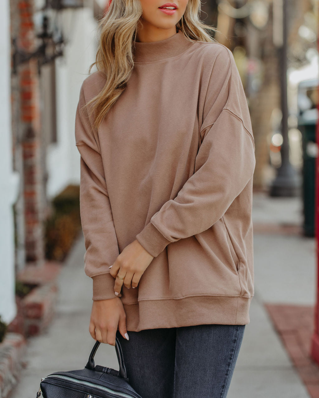 Lorina Cotton Pocketed Mock Neck Sweatshirt - Mocha Ins Street