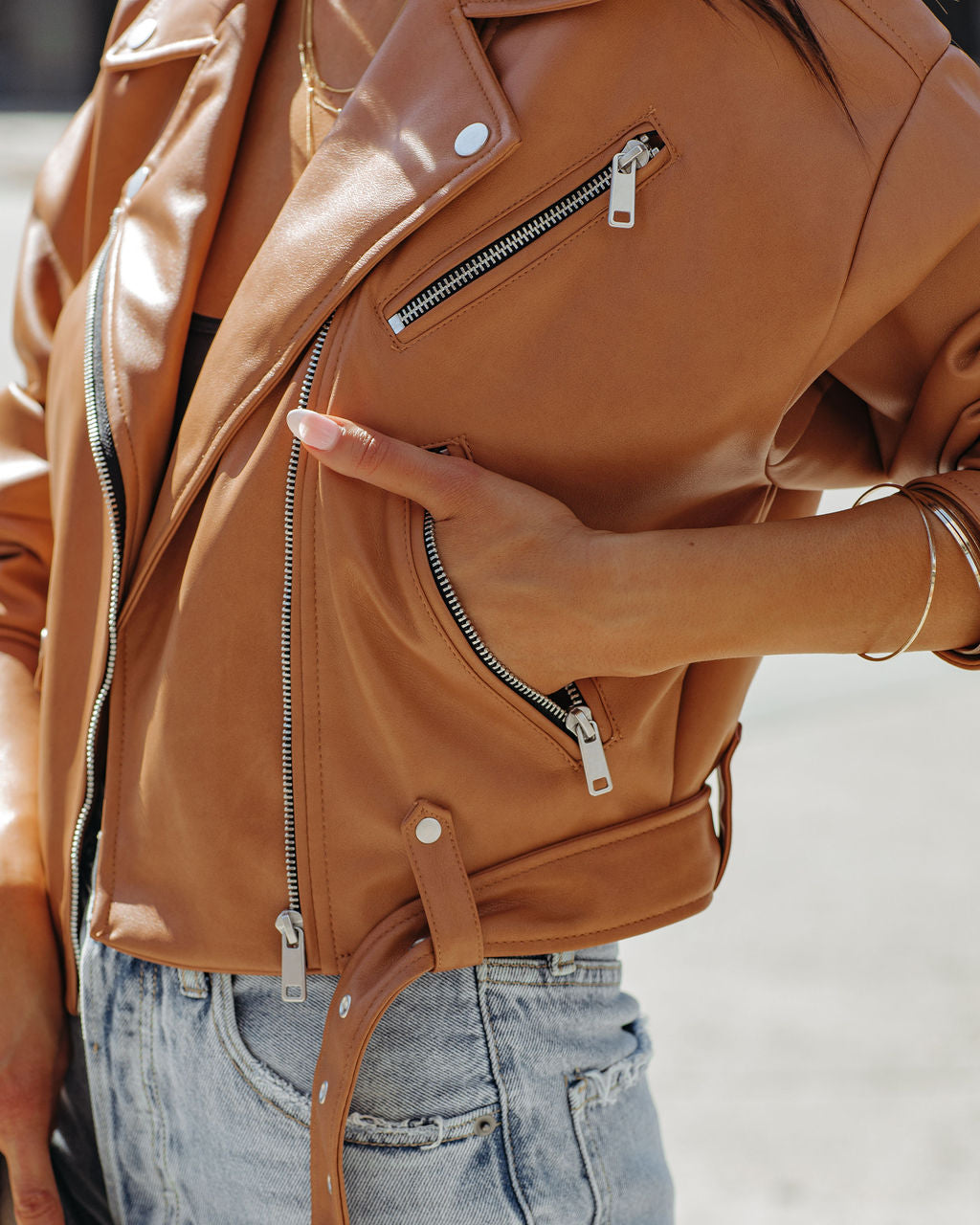 Lucia Pocketed Faux Leather Crop Moto Jacket - Biscotti Ins Street
