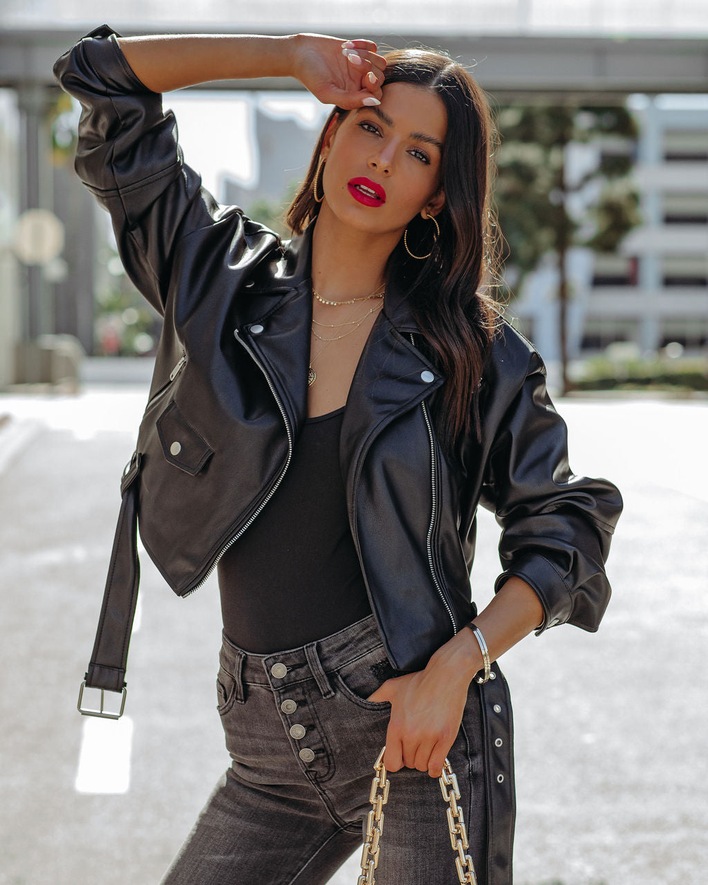 Lucia Pocketed Faux Leather Crop Moto Jacket - Black Ins Street