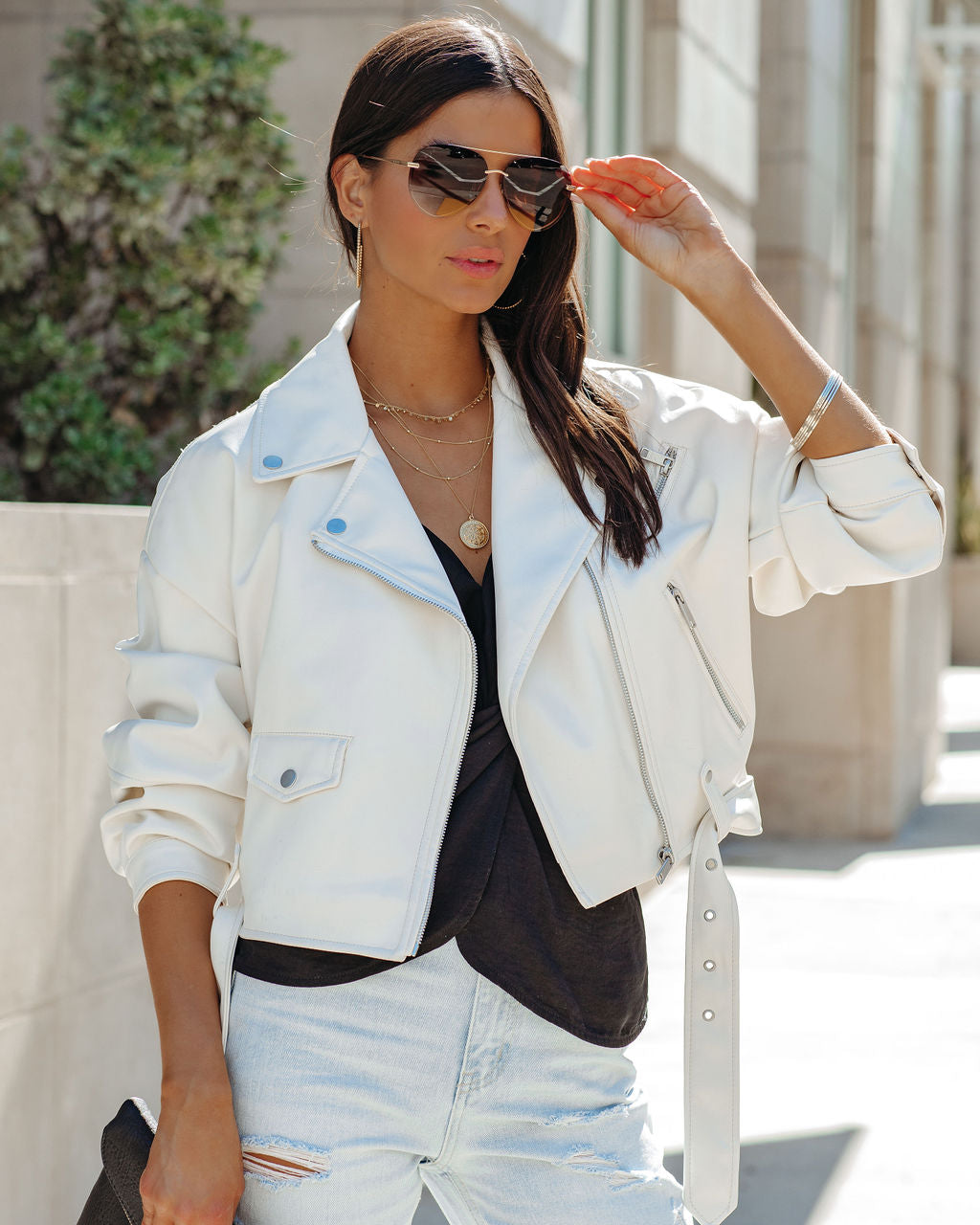 Lucia Pocketed Faux Leather Crop Moto Jacket - Off White Ins Street