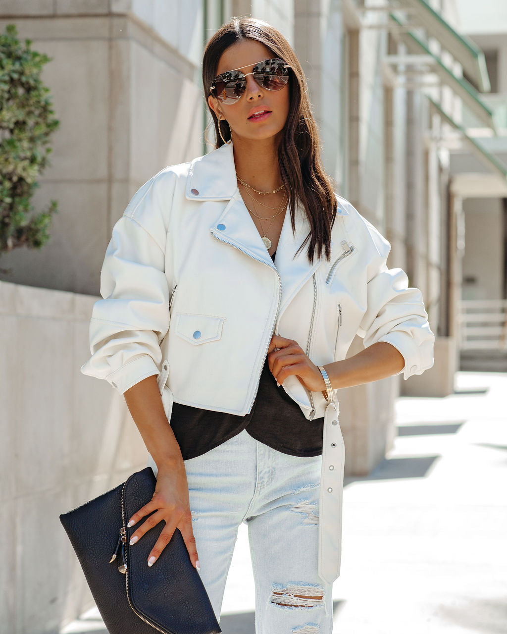 Lucia Pocketed Faux Leather Crop Moto Jacket - Off White Ins Street