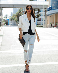 Lucia Pocketed Faux Leather Crop Moto Jacket - Off White Ins Street