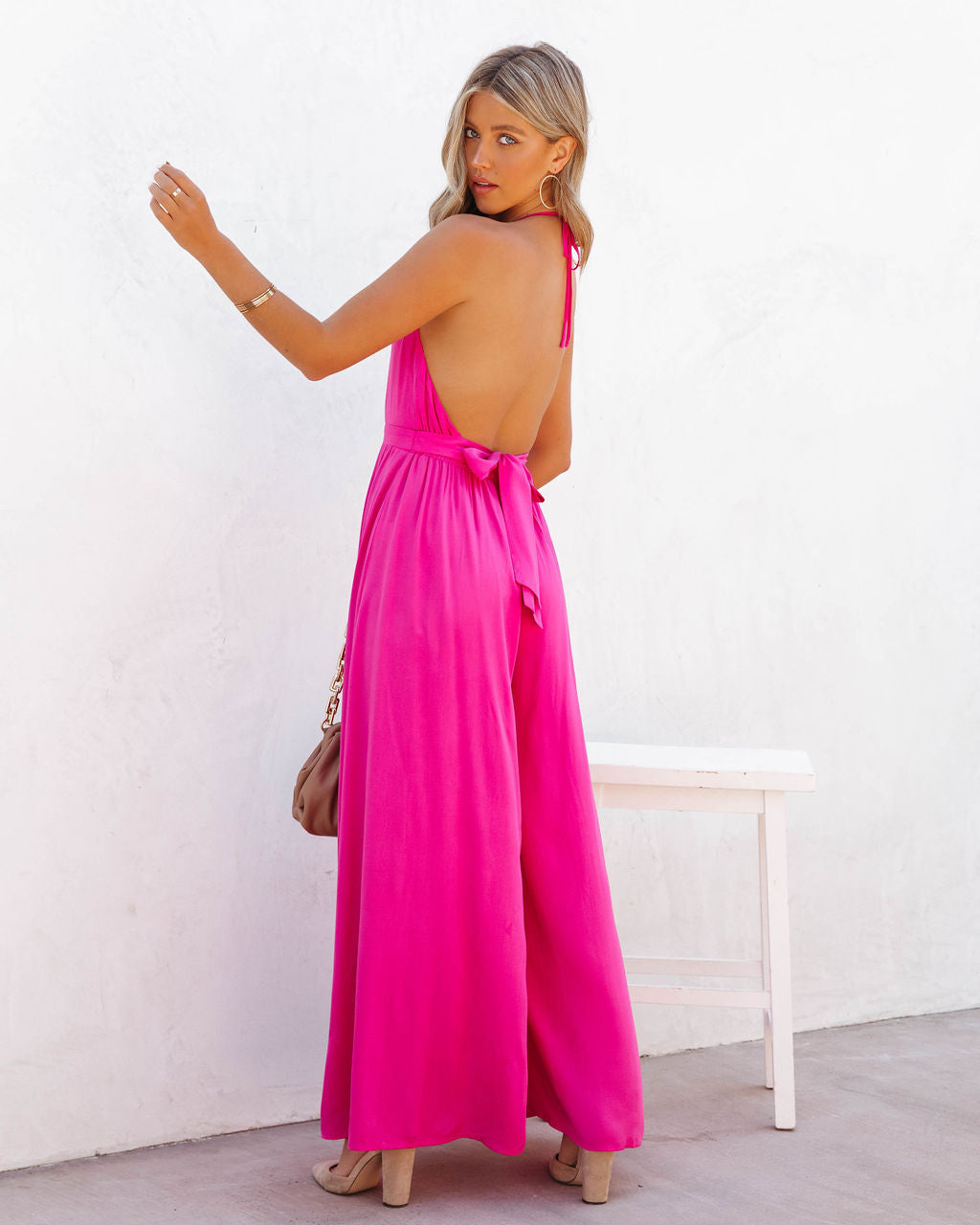 Luvy Wide Leg Halter Jumpsuit - Fuchsia Ins Street