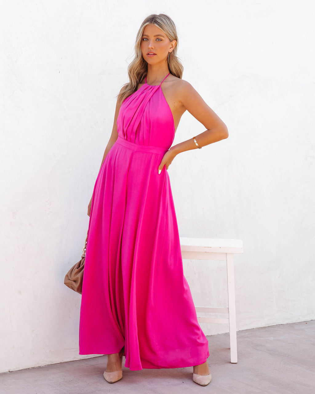 Luvy Wide Leg Halter Jumpsuit - Fuchsia Ins Street