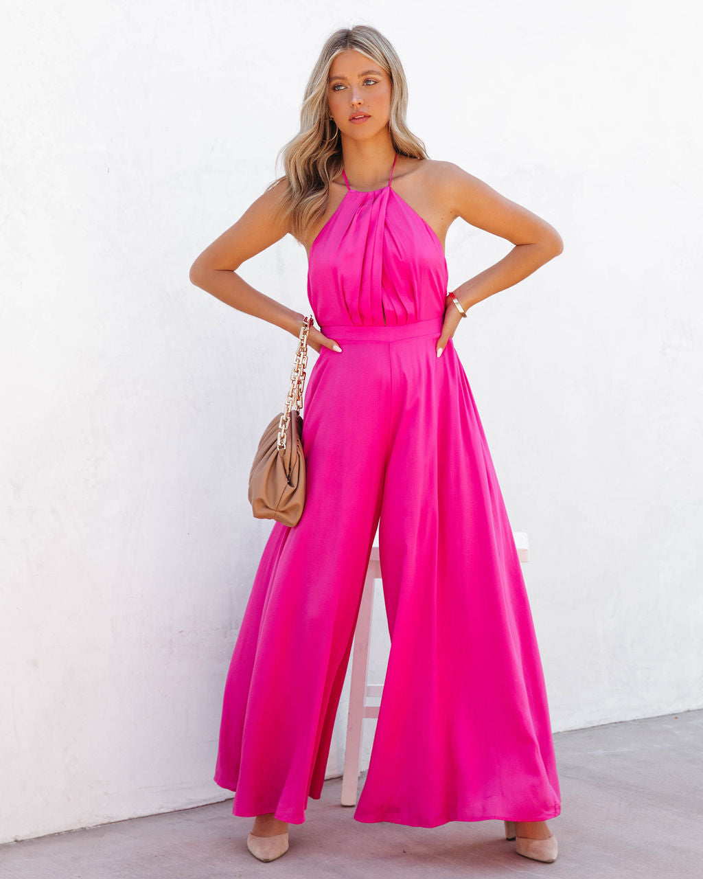 Luvy Wide Leg Halter Jumpsuit - Fuchsia Ins Street